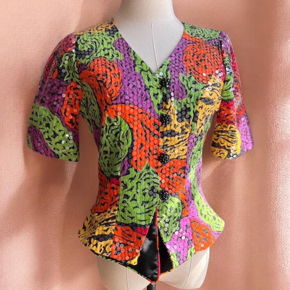 Vintage 80s Sequin Jacket Top | Neon Psychedelic Print Puff Sleeve Tailored | M
